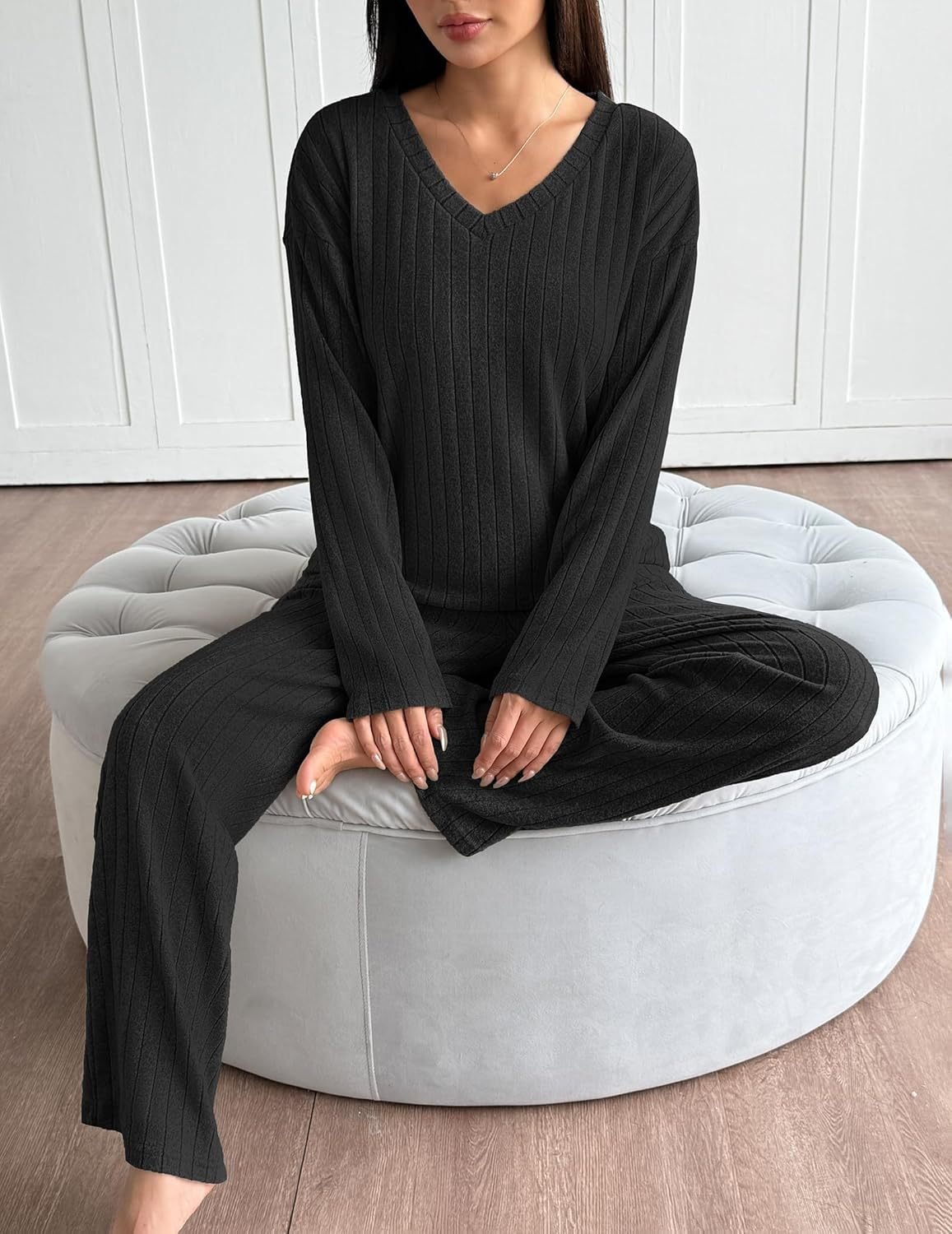 Damen Unifarben Zweiteiliges Set Täglich Langarm Lässig Frühling/Herbst Bluse mit Hose Matching Set