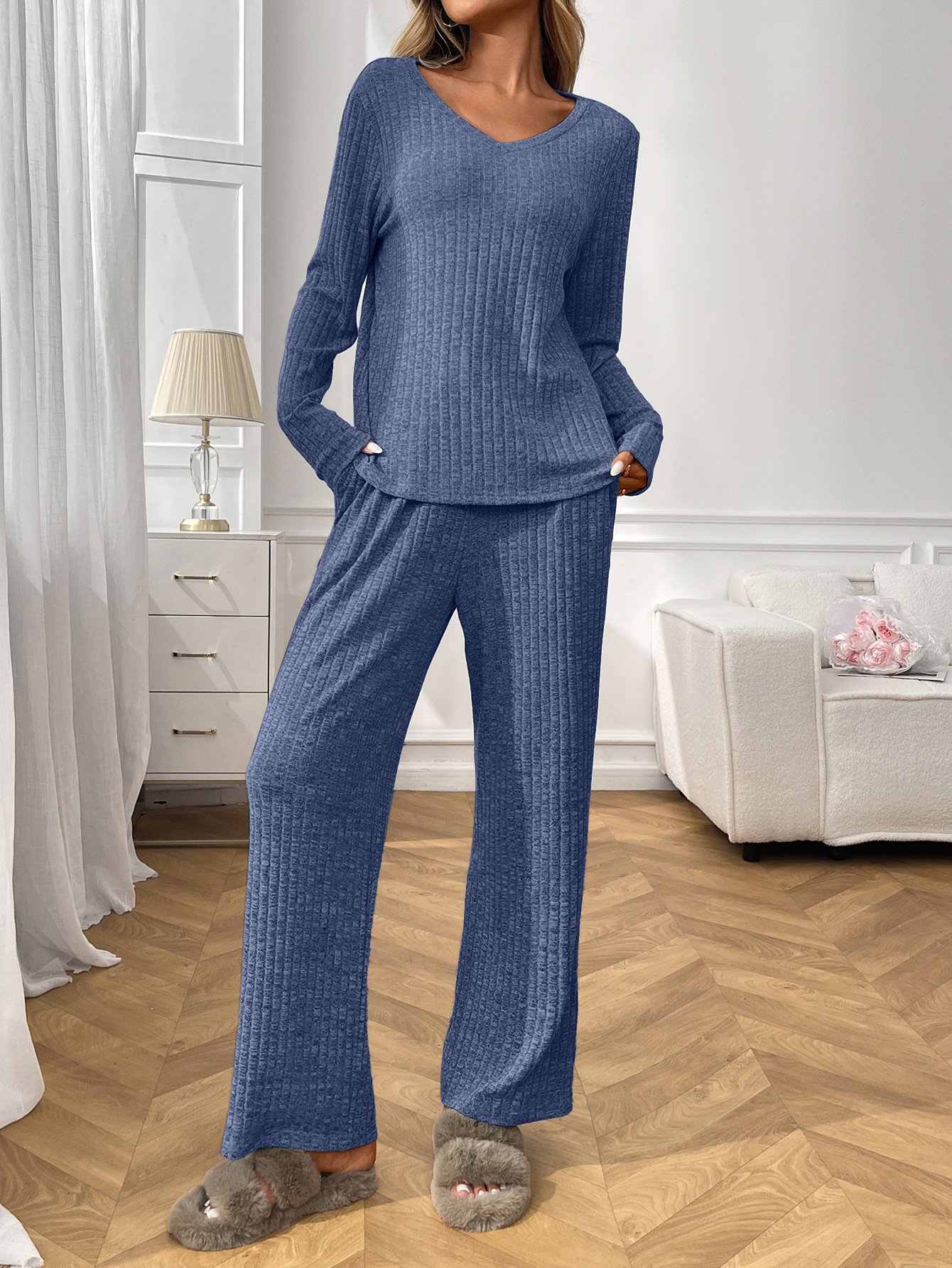 Damen Unifarben Zweiteiliges Set Täglich Langarm Lässig Frühling/Herbst Bluse mit Hose Matching Set