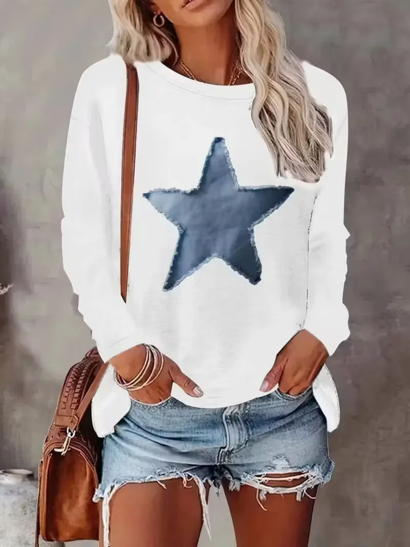 Lässig Stern Rundhals Langarm T-Shirt