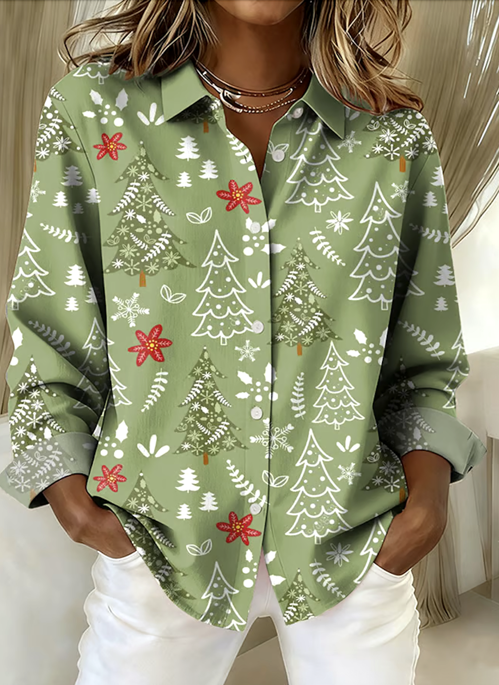 V-Ausschnitt Langarm Weihnachten Regelmäßig Mikroelastizität Regelmäßige Passform Bluse für Damen