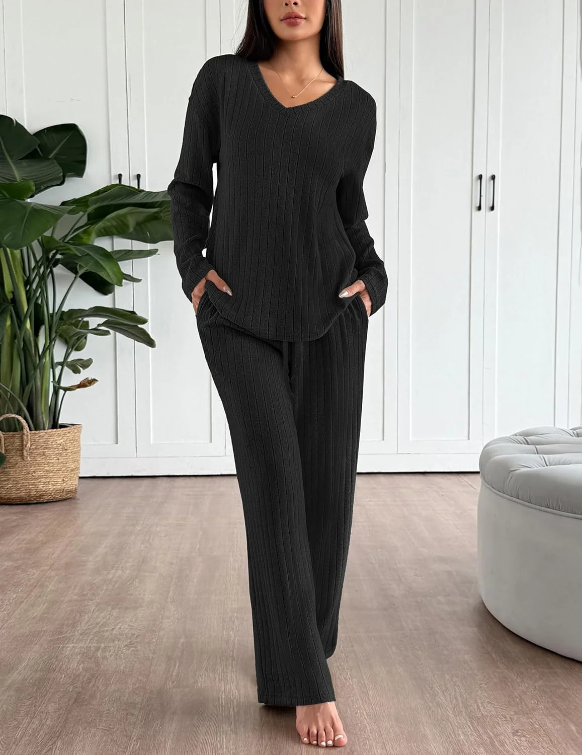 Damen Unifarben Zweiteiliges Set Täglich Langarm Lässig Frühling/Herbst Bluse mit Hose Matching Set