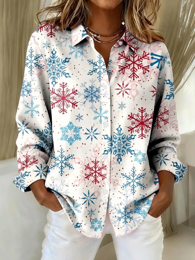 Schalkragen Langarm Weihnachten Regelmäßig Weit Bluse für Damen