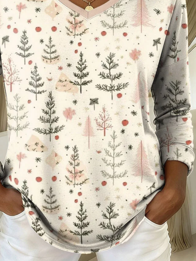 Lässig Weihnachten V-Ausschnitt Langarm T-Shirt