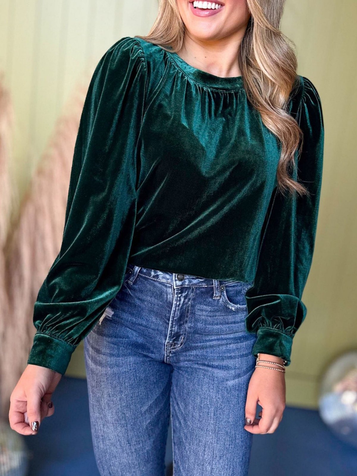 Rundhals Puffärmel Langarm Unifarben Gerafft Regelmäßig Mikroelastizität Weit Tunika Bluse für Damen