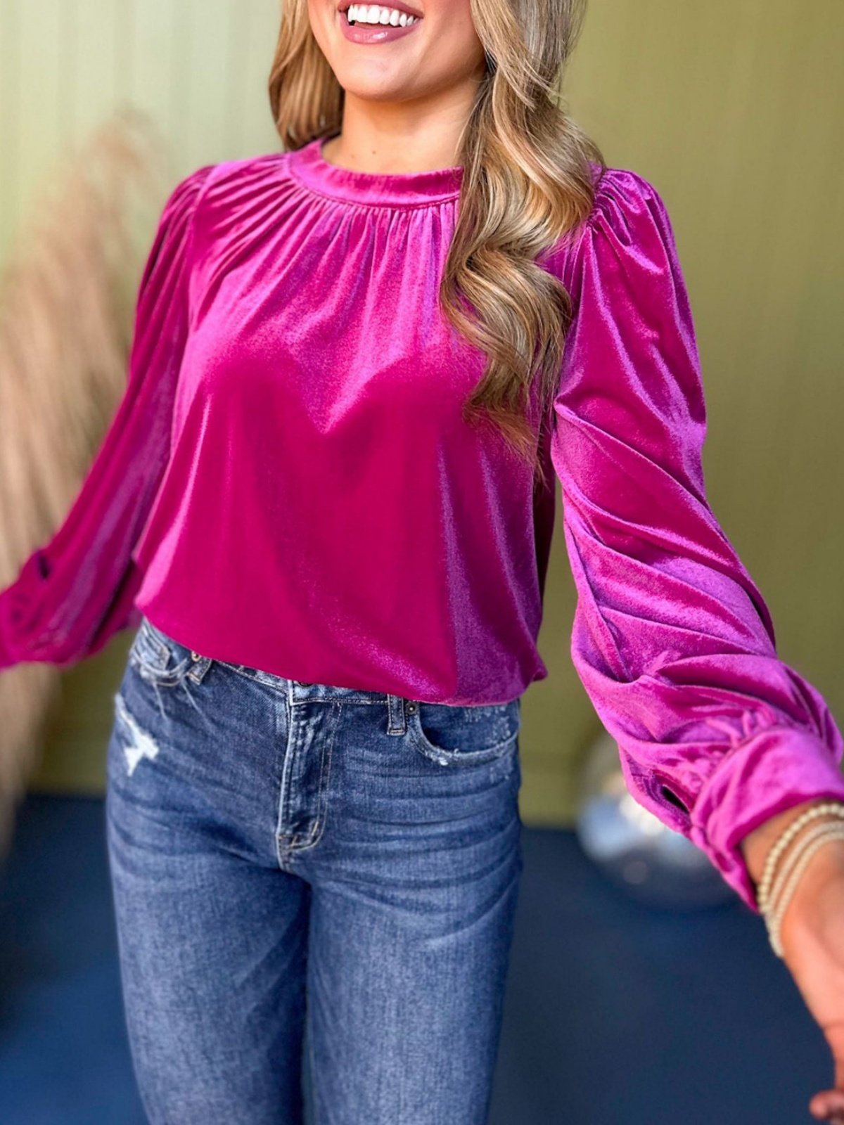 Rundhals Puffärmel Langarm Unifarben Gerafft Regelmäßig Mikroelastizität Weit Tunika Bluse für Damen