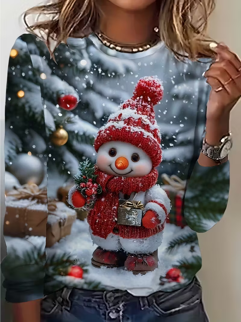 Lässig Weihnachtsschneemann Rundhals Langarm T-Shirt