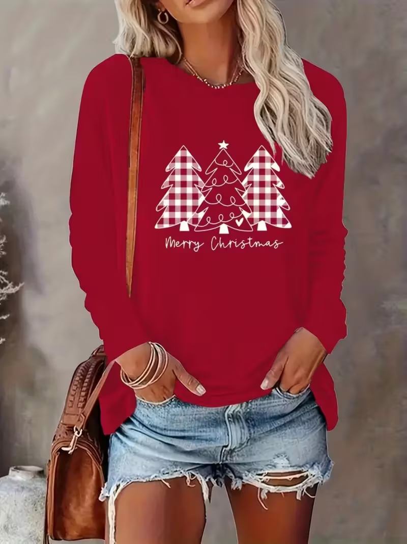 Lässig Weihnachten Rundhals Langarm T-Shirt