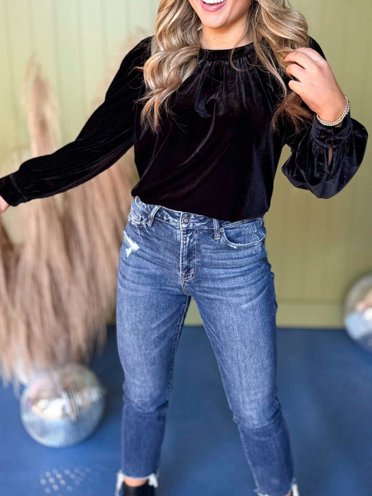 Rundhals Puffärmel Langarm Unifarben Gerafft Regelmäßig Mikroelastizität Weit Tunika Bluse für Damen