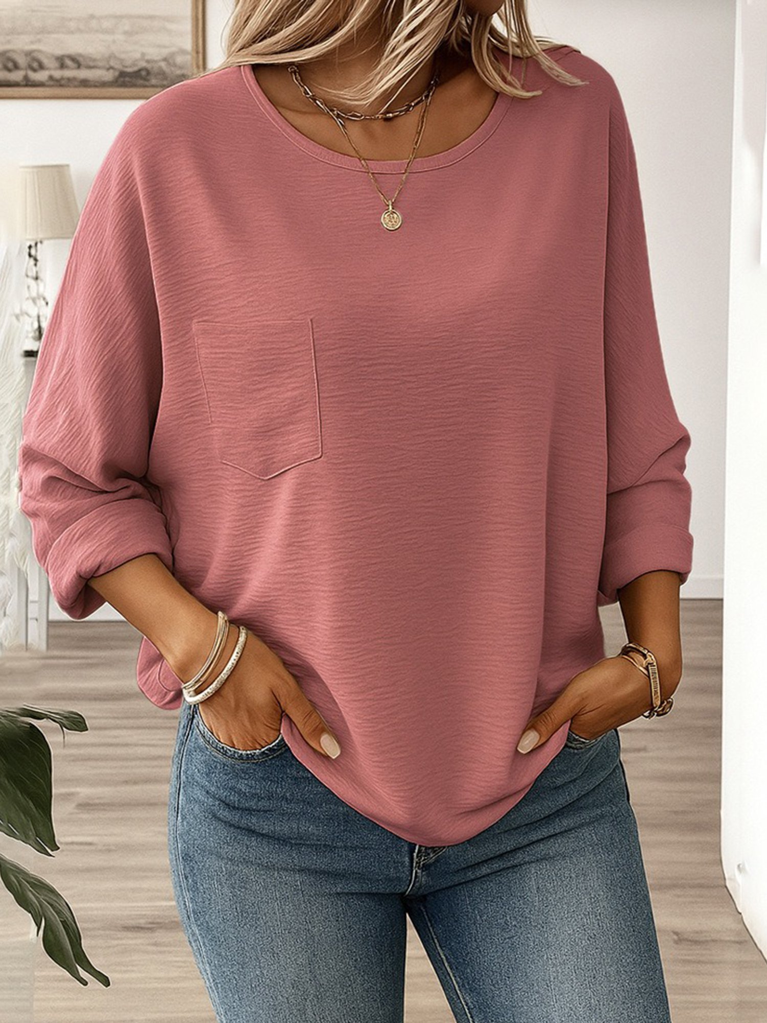 Rundhals Langarm Unifarben Regelmäßig Weit Bluse für Damen