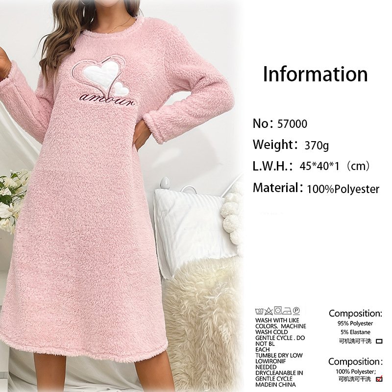 Herbst und Winter Pink Herz Flanell Langarm Verdickt Nachthemd Pullover Mittlere Länge Süß Zuhause Kleider Nachthemd