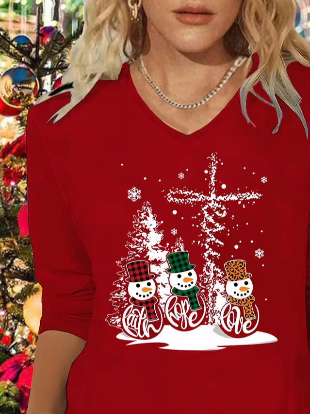 Lässig Weihnachtsschneemann V-Ausschnitt Langarm T-Shirt