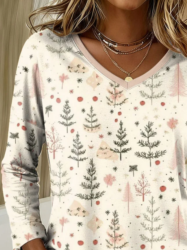 Lässig Weihnachten V-Ausschnitt Langarm T-Shirt