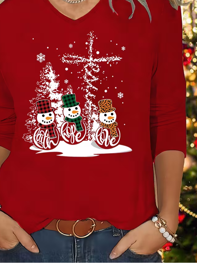 Lässig Weihnachtsschneemann V-Ausschnitt Langarm T-Shirt
