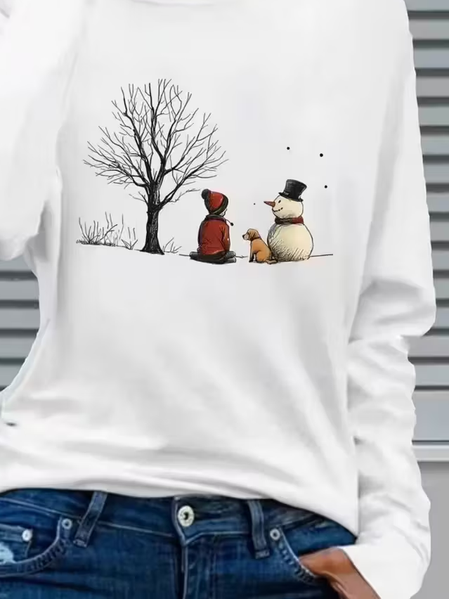 Lässig Weihnachtsschneemann Rundhals Langarm T-Shirt