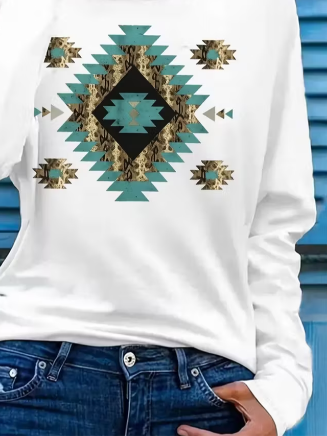 Lässig Ethnisch Rundhals Langarm T-Shirt
