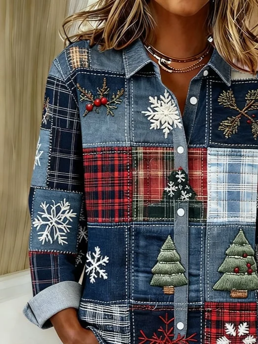 Hemdkragen Normale Ärmel Langarm Weihnachten Schnalle Regelmäßig Weit Knopfhemd Bluse für Damen