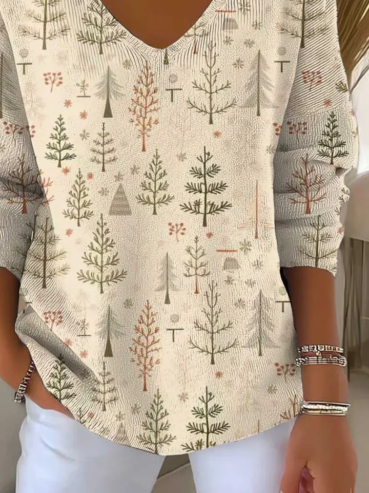 Lässig Weihnachten V-Ausschnitt Langarm T-Shirt
