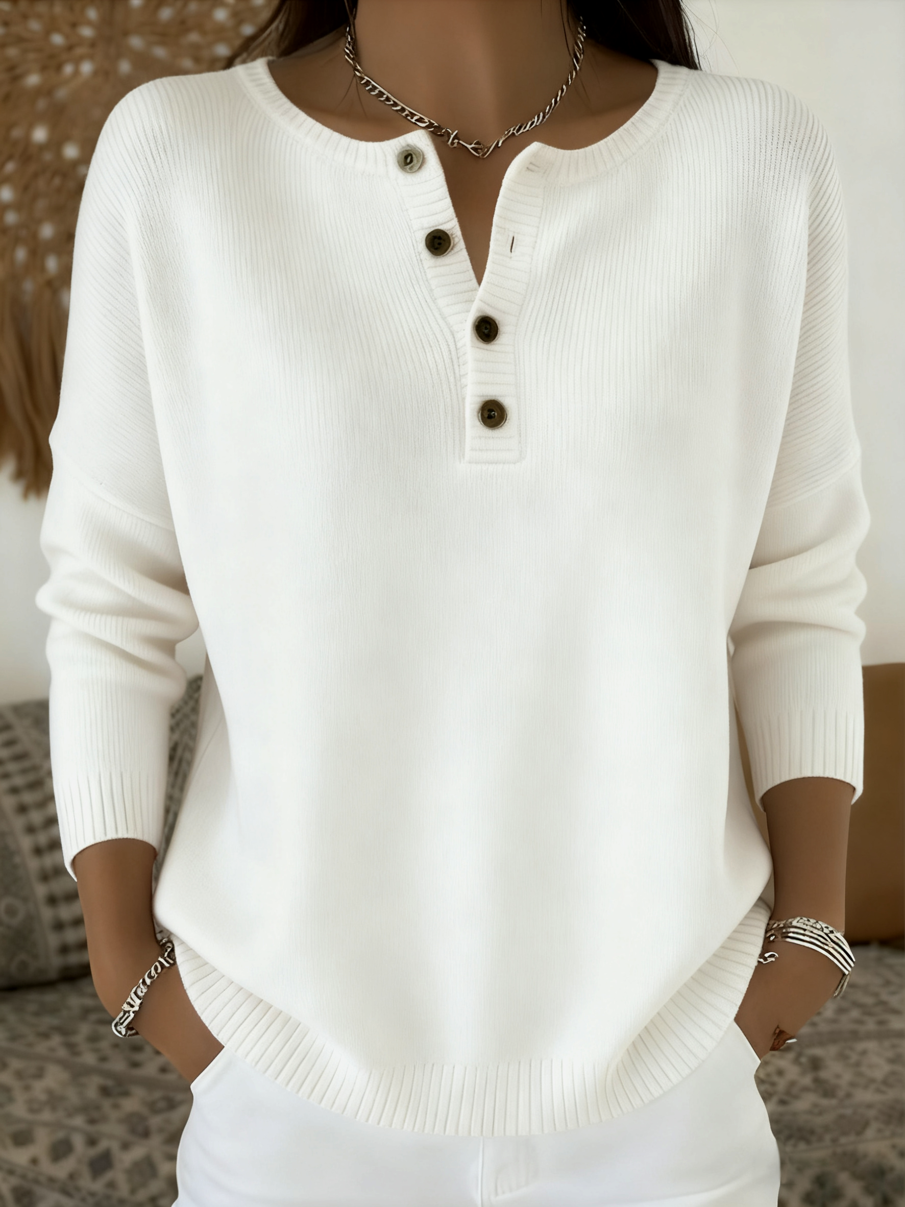 Damen Baumwolle Unifarben Langarm Bequem Lässig Pullover