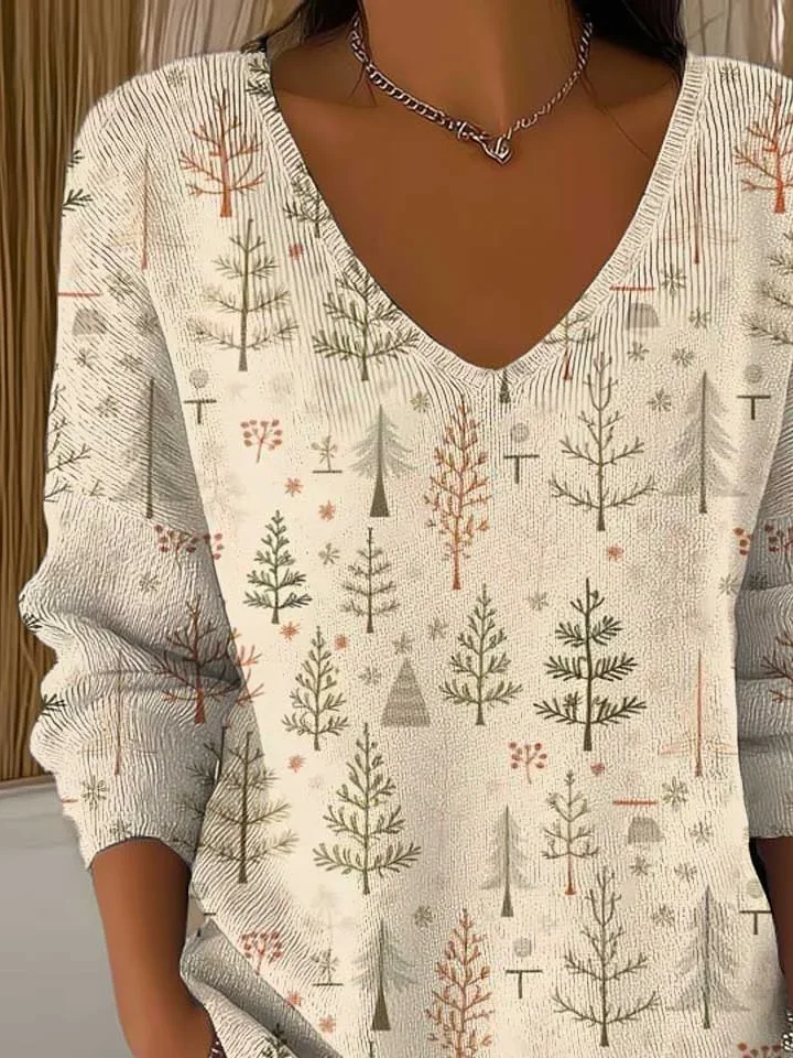 Lässig Weihnachten V-Ausschnitt Langarm T-Shirt