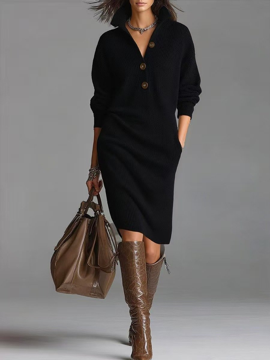 Damen Unifarben Herbst Kleid Rollkragen Langarm H-Linie Kleid