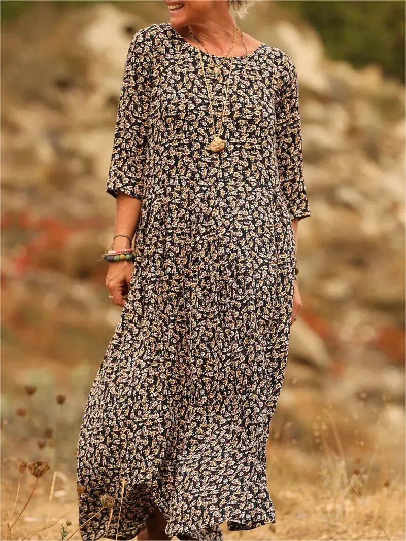 Damen Geblümt Sommer Kleid Rundhals Halbarm H-Linie Kleid