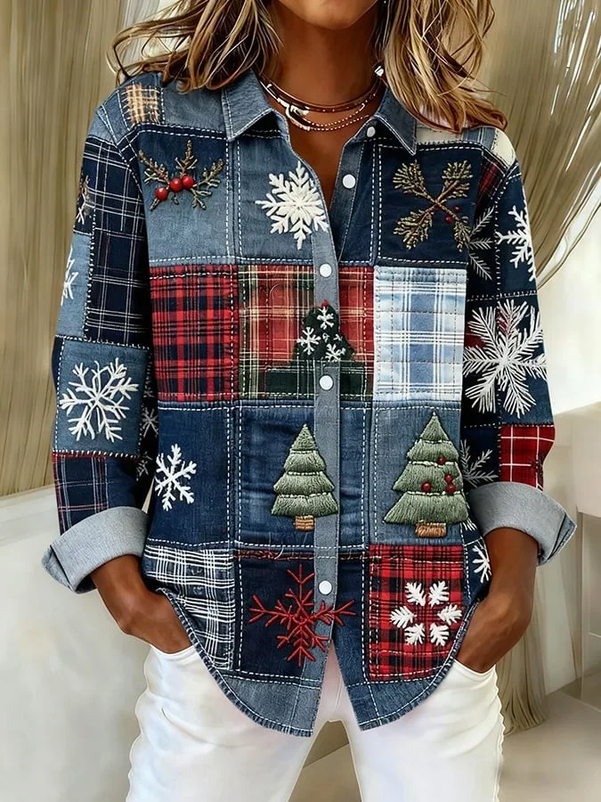 Hemdkragen Normale Ärmel Langarm Weihnachten Schnalle Regelmäßig Weit Knopfhemd Bluse für Damen