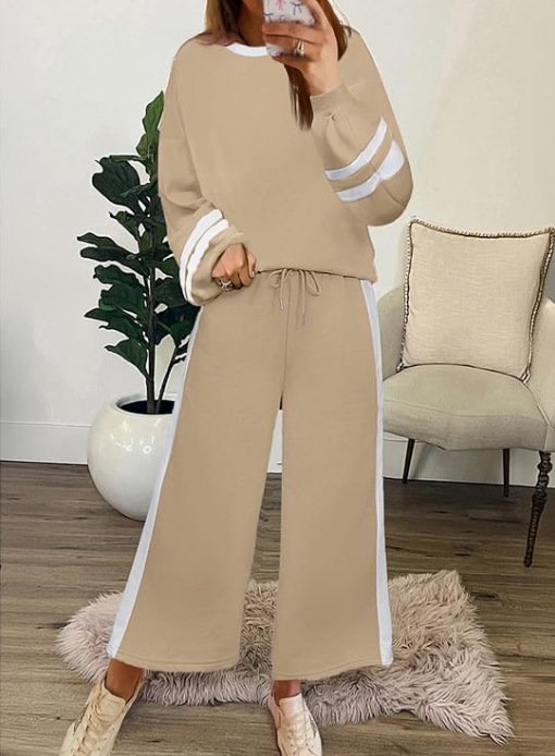 Damen Farbblock Zweiteiliges Set Täglich Langarm Lässig Frühling/Herbst Bluse mit Hose Matching Set