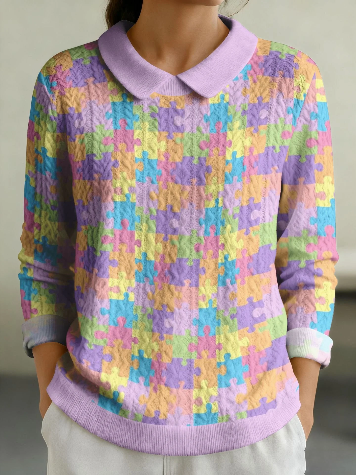 Damen Baumwolle Geometrisch Langarm Bequem Lässig Pullover