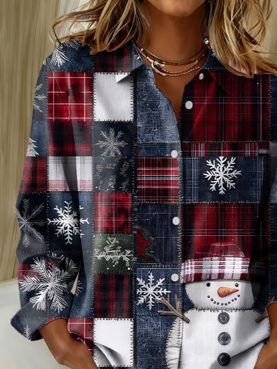 Hemdkragen Normale Ärmel Langarm Weihnachtsschneemann Schnalle Regelmäßig Weit Knopfhemd Bluse für Damen