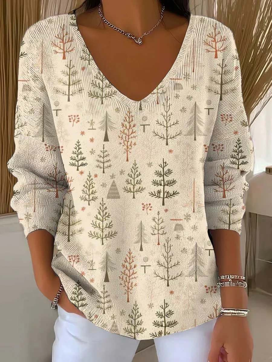 Lässig Weihnachten V-Ausschnitt Langarm T-Shirt
