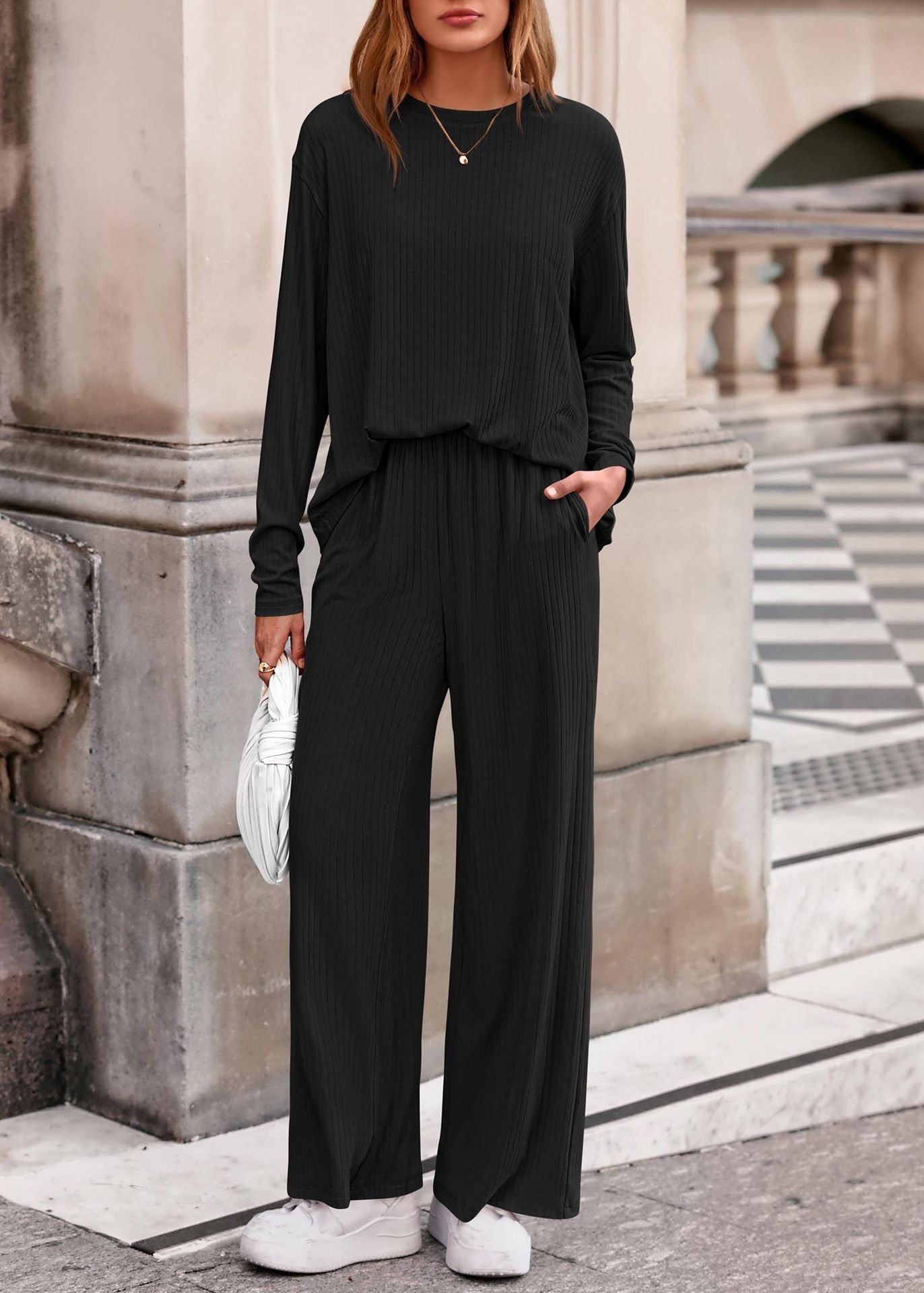 Damen Unifarben Zweiteiliges Set Täglich Langarm Lässig Frühling/Herbst Bluse mit Hose Matching Set