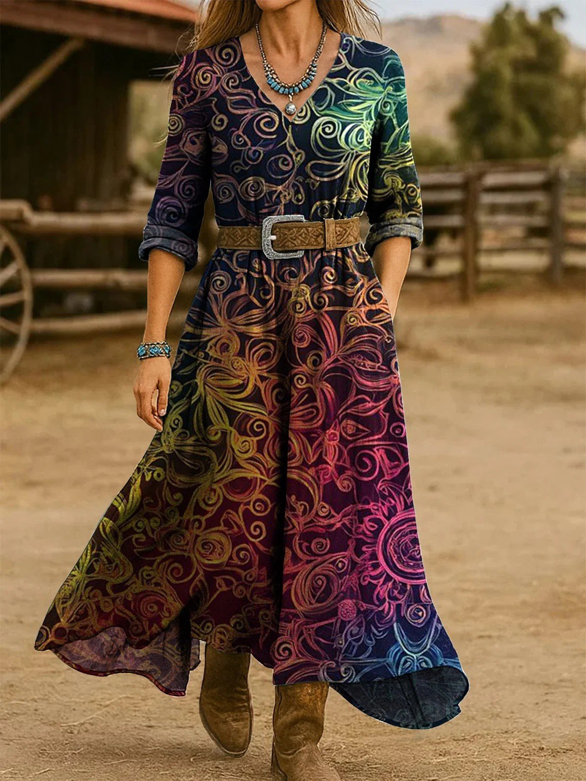 Damen Geblümt Frühling/Herbst Kleid V-Ausschnitt Langarm H-Linie Kleid