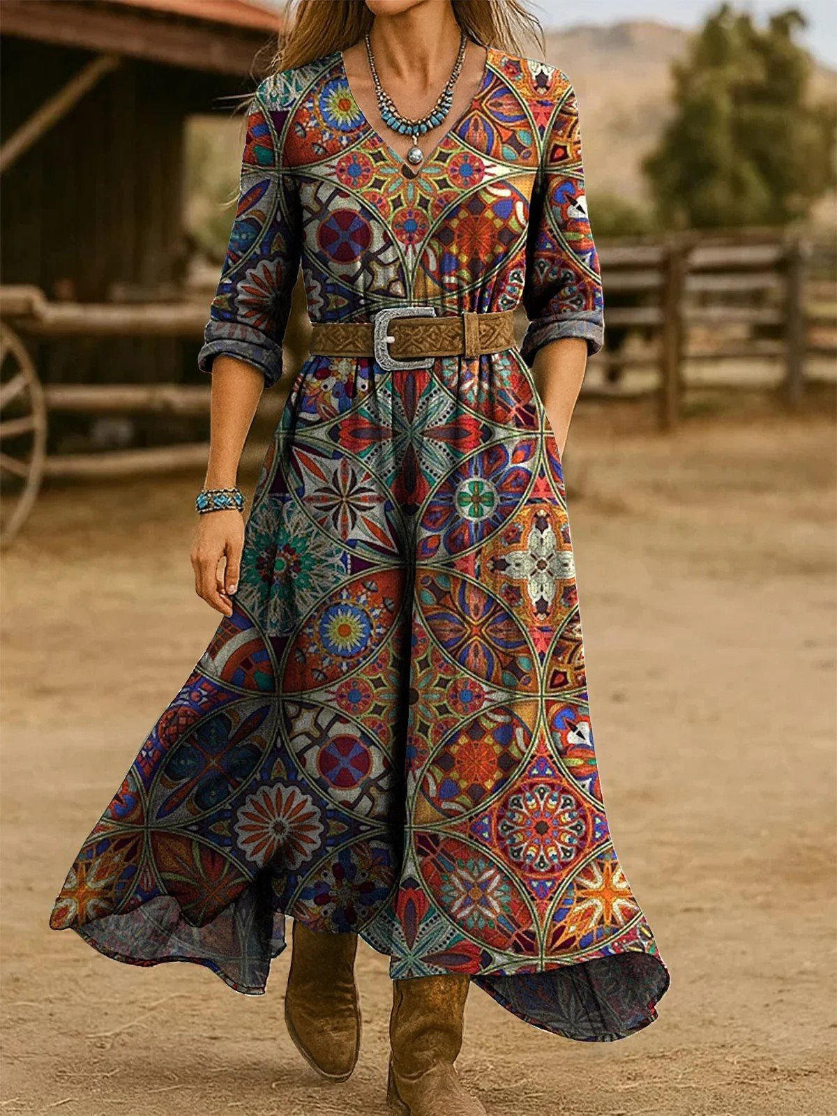 Damen Geblümt Frühling/Herbst Kleid V-Ausschnitt Langarm H-Linie Kleid