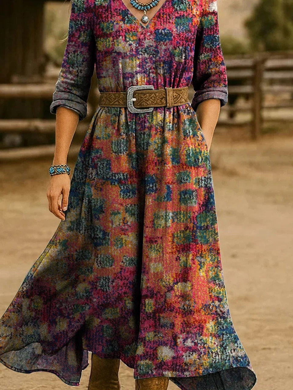 Damen Ethnisch Frühling/Herbst Kleid V-Ausschnitt Langarm H-Linie Kleid