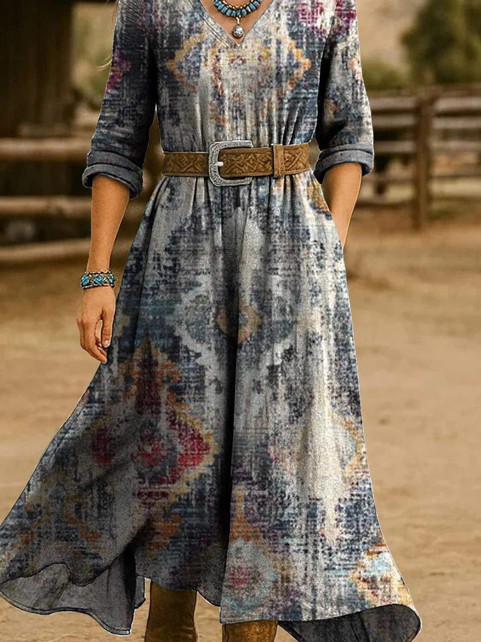 Damen Ethnisch Frühling/Herbst Kleid V-Ausschnitt Langarm H-Linie Kleid