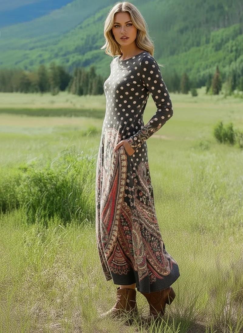 Damen Geblümt Sommer Kleid Rundhals Langarm H-Linie Kleid