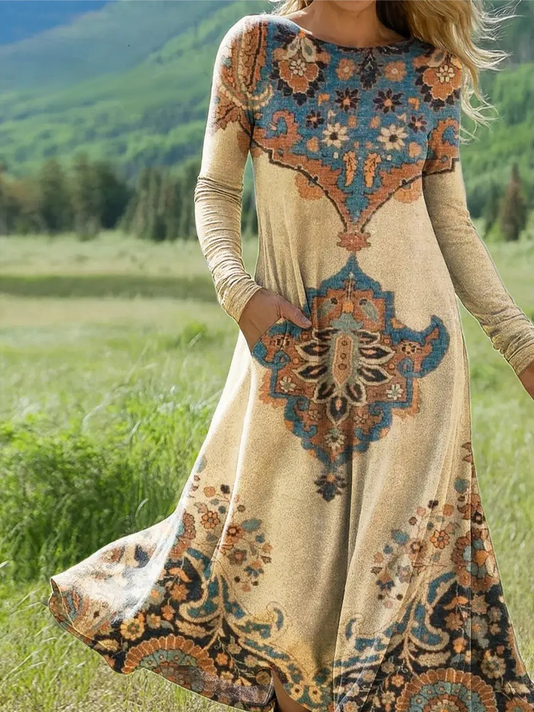 Damen Geometrisch Sommer Kleid Rundhals Langarm H-Linie Kleid