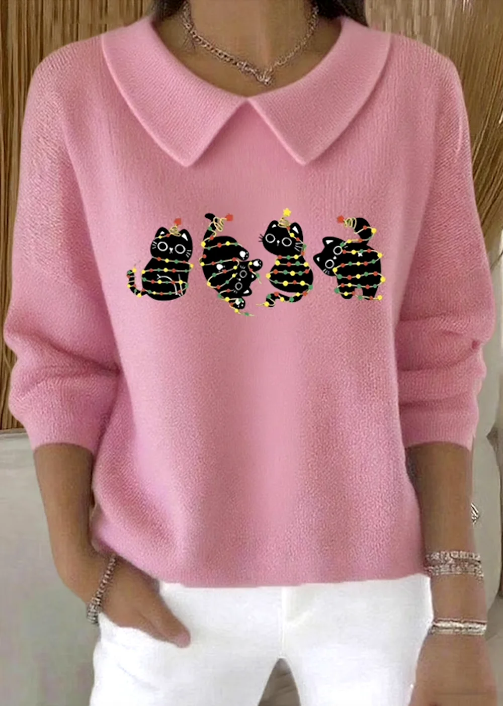 Damen Baumwolle Tier Langarm Bequem Lässig Pullover