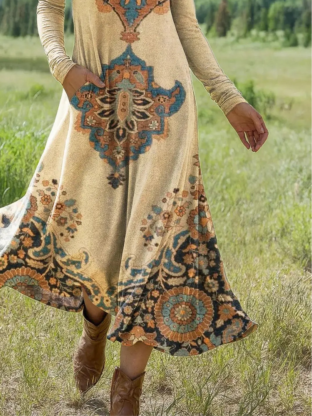 Damen Geometrisch Sommer Kleid Rundhals Langarm H-Linie Kleid