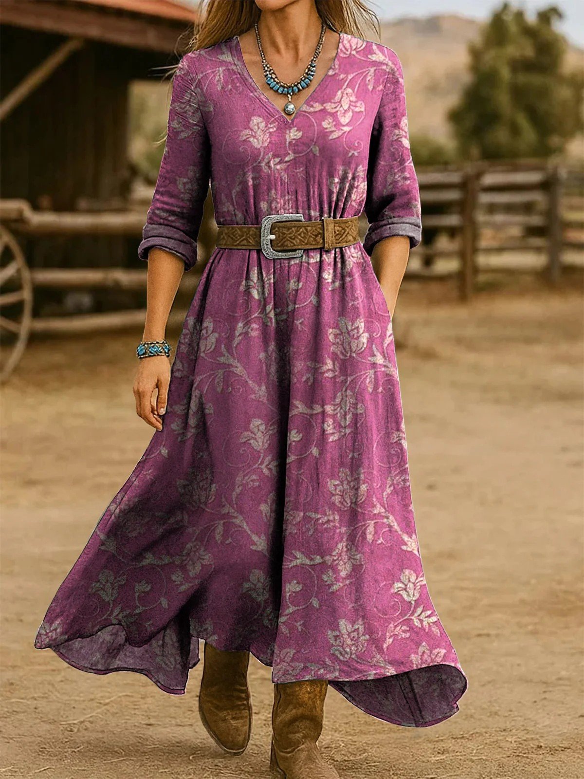 Damen Verlaufsmuster Frühling/Herbst Kleid V-Ausschnitt Langarm H-Linie Kleid