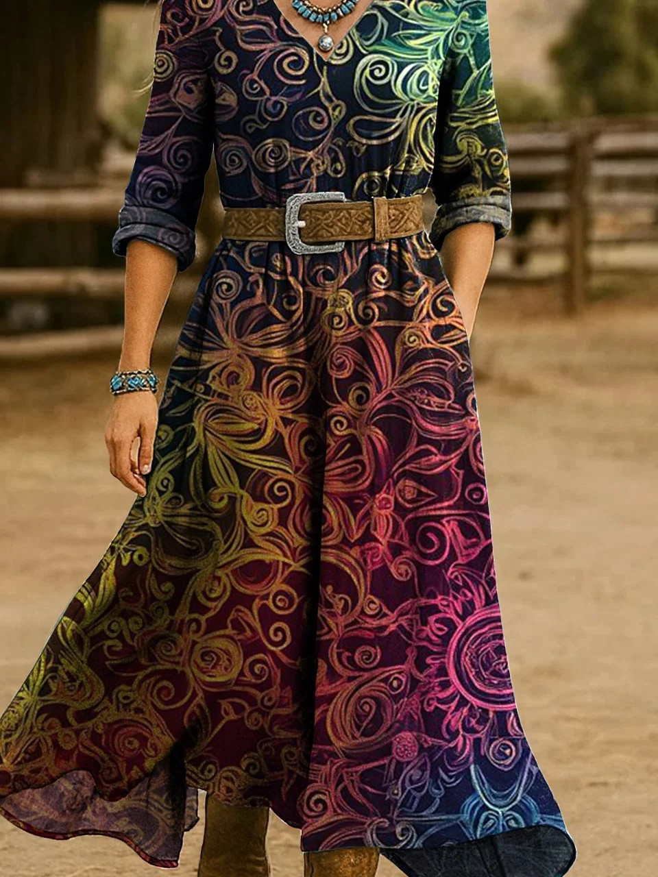 Damen Geblümt Frühling/Herbst Kleid V-Ausschnitt Langarm H-Linie Kleid