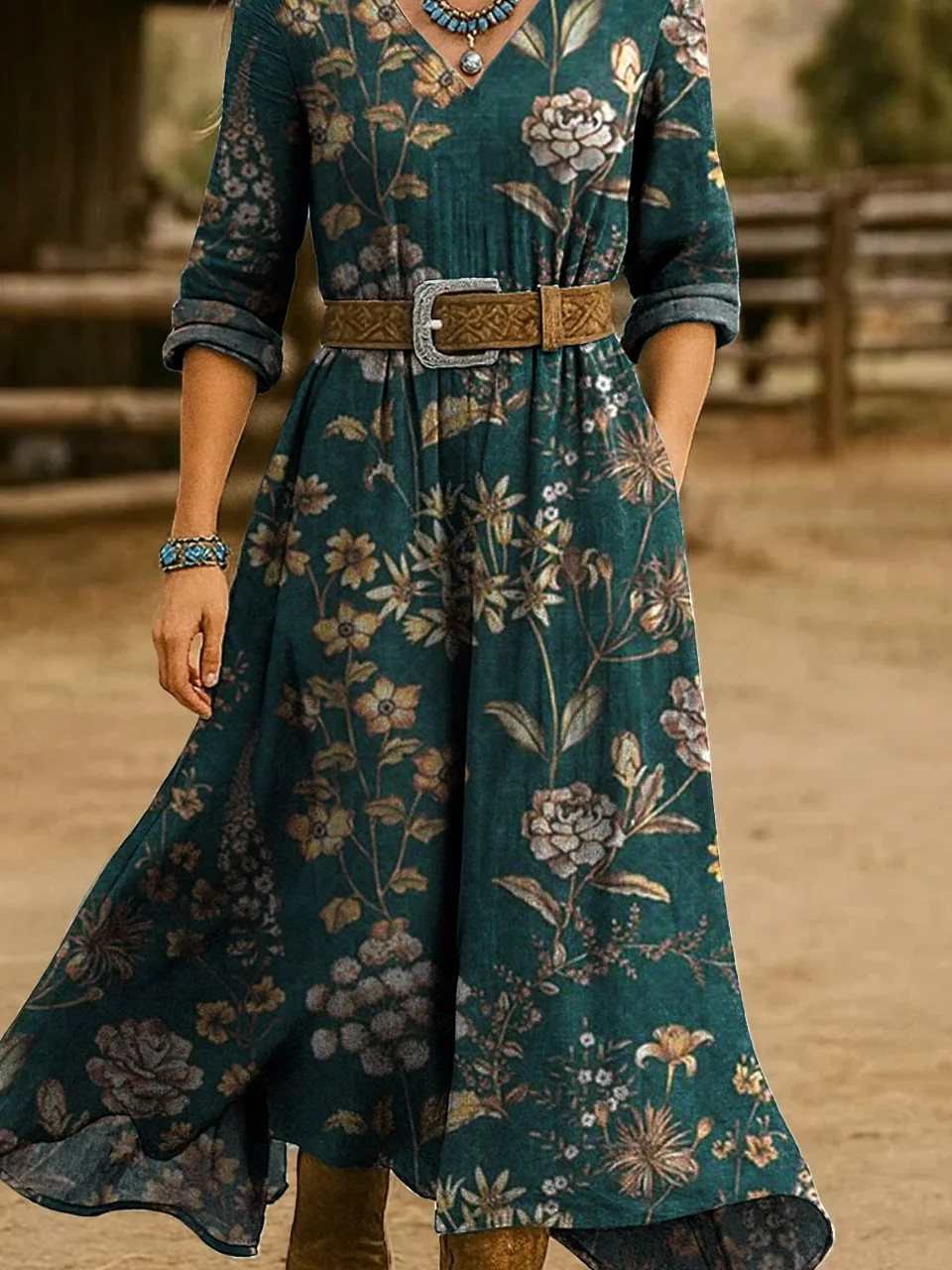 Damen Geblümt Frühling/Herbst Kleid V-Ausschnitt Langarm H-Linie Kleid