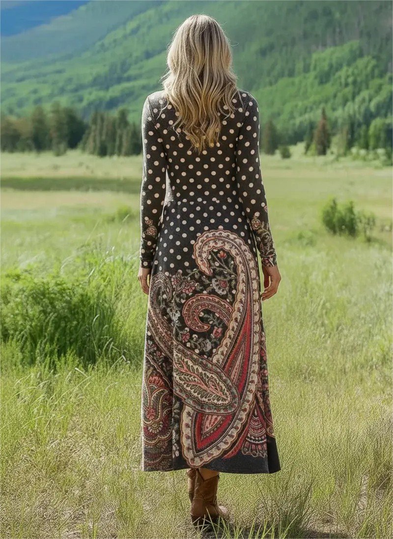 Damen Geblümt Sommer Kleid Rundhals Langarm H-Linie Kleid
