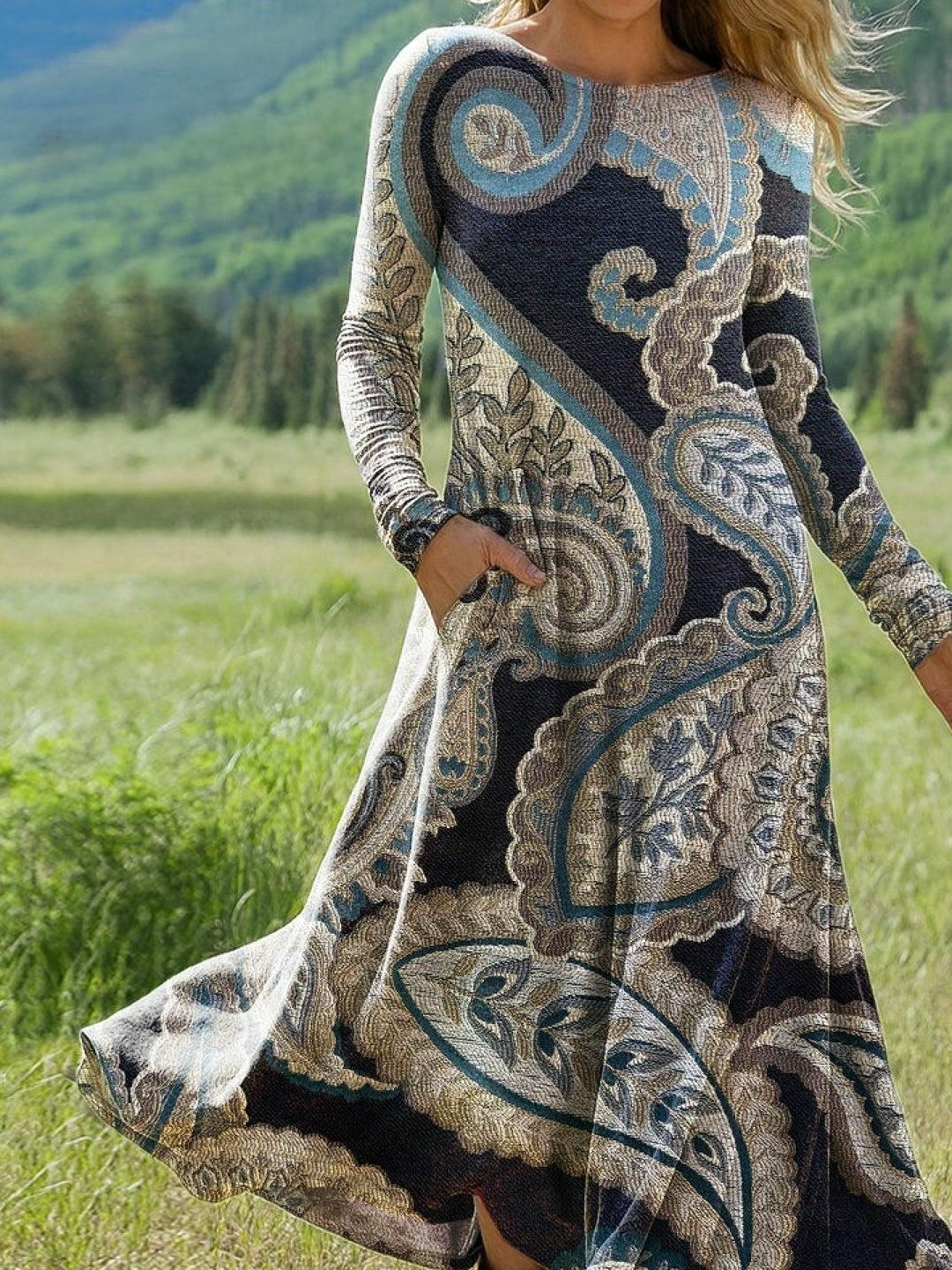 Damen Geblümt Sommer Kleid Rundhals Langarm H-Linie Kleid