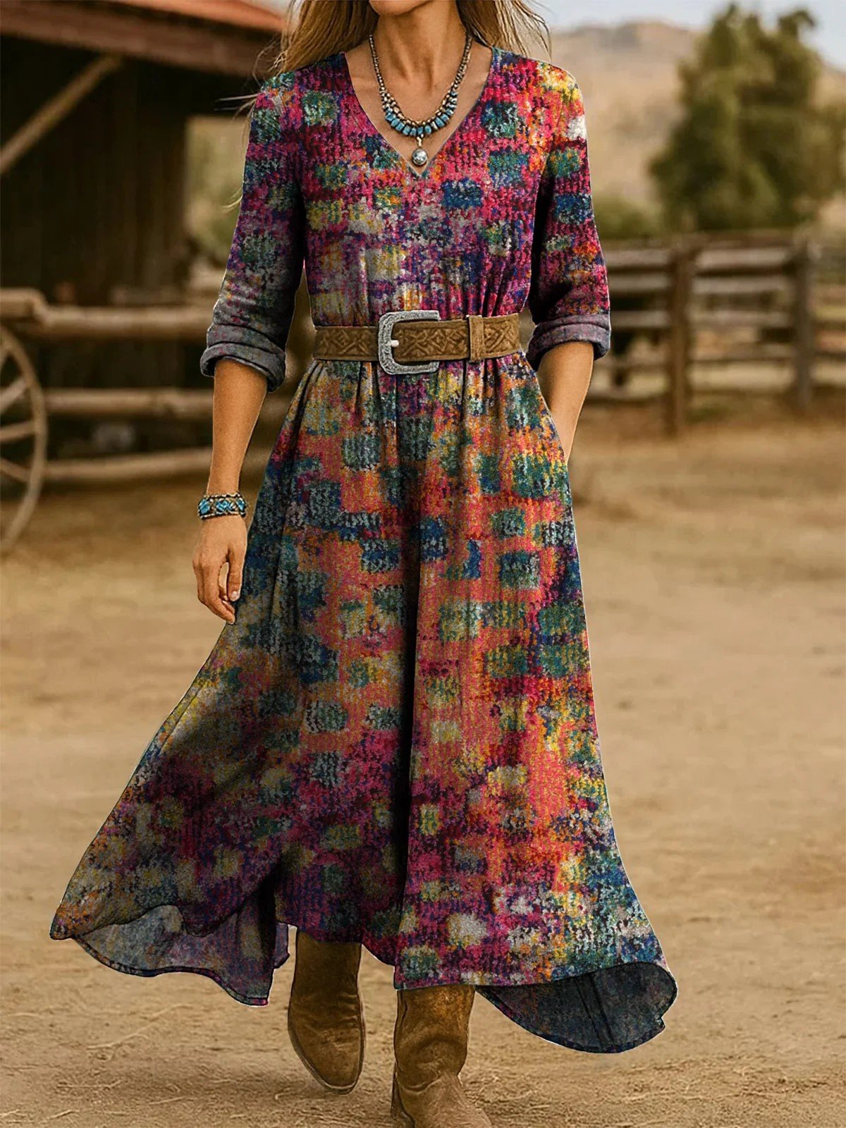 Damen Ethnisch Frühling/Herbst Kleid V-Ausschnitt Langarm H-Linie Kleid