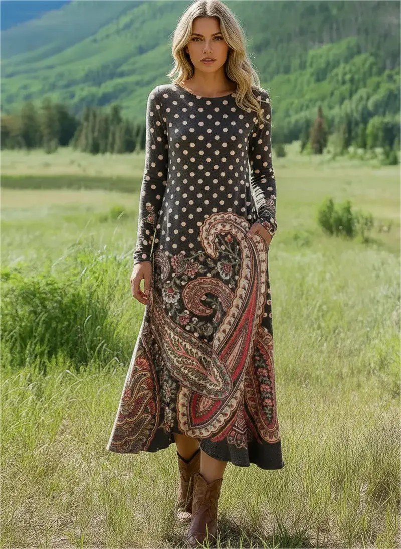 Damen Geblümt Sommer Kleid Rundhals Langarm H-Linie Kleid