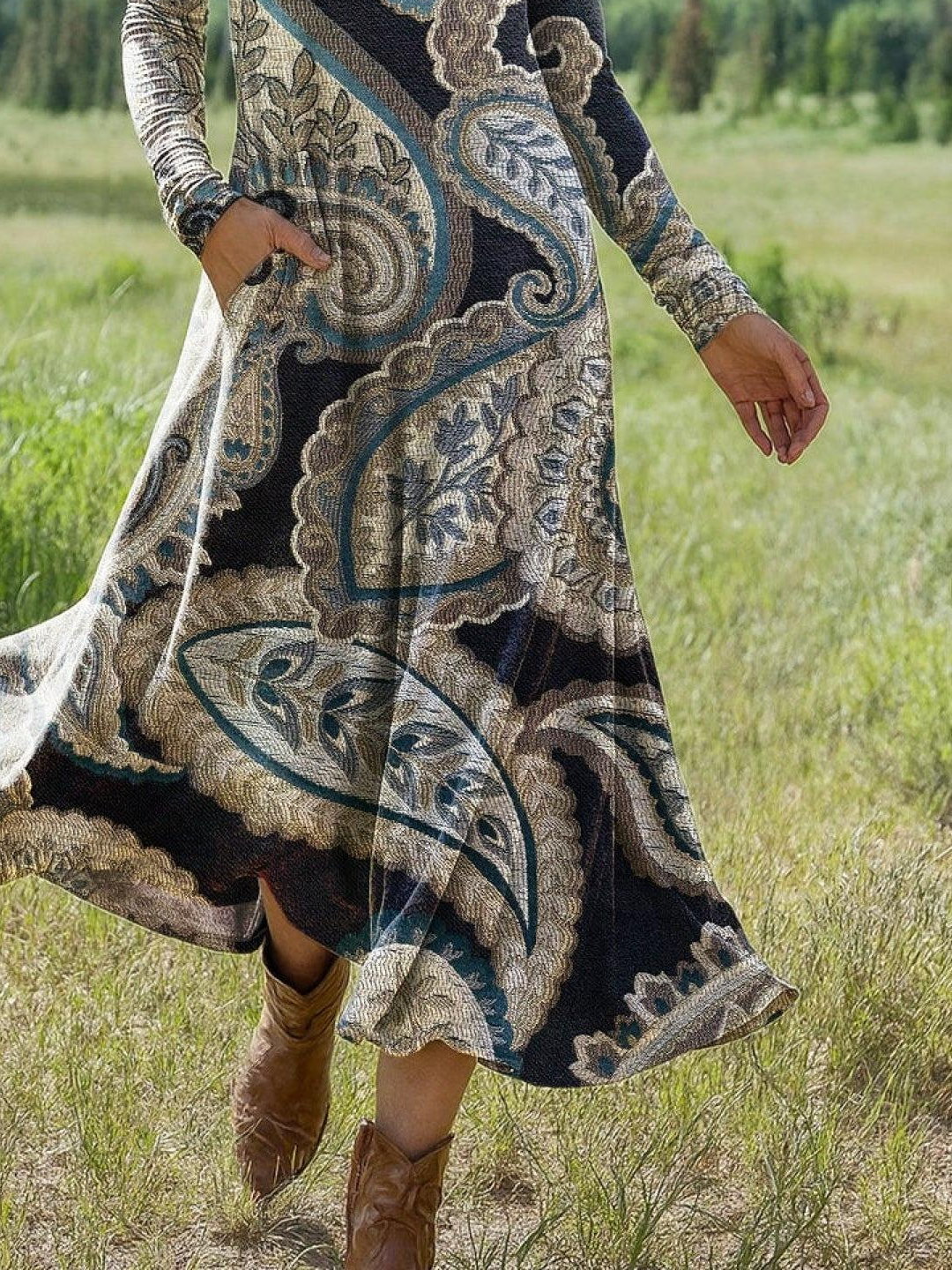 Damen Geblümt Sommer Kleid Rundhals Langarm H-Linie Kleid