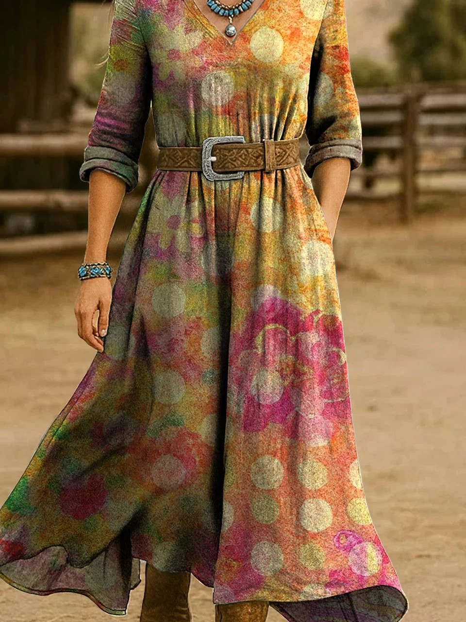 Damen Verlaufsmuster Frühling/Herbst Kleid V-Ausschnitt Langarm H-Linie Kleid