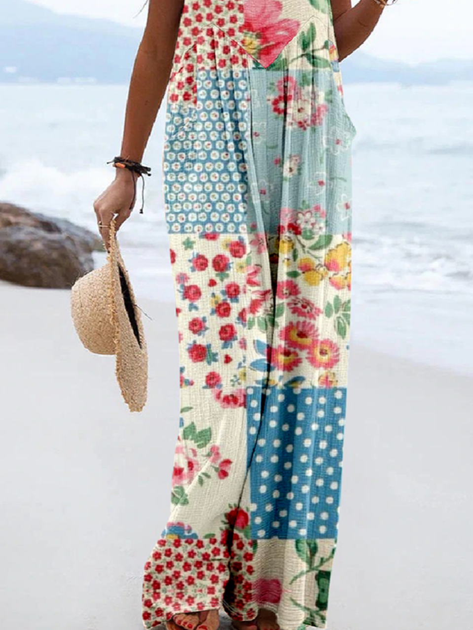 Damen Ärmellos Weit Lang Täglich Retro Polka Dots Mittlere Taille Insgesamt Jumpsuit