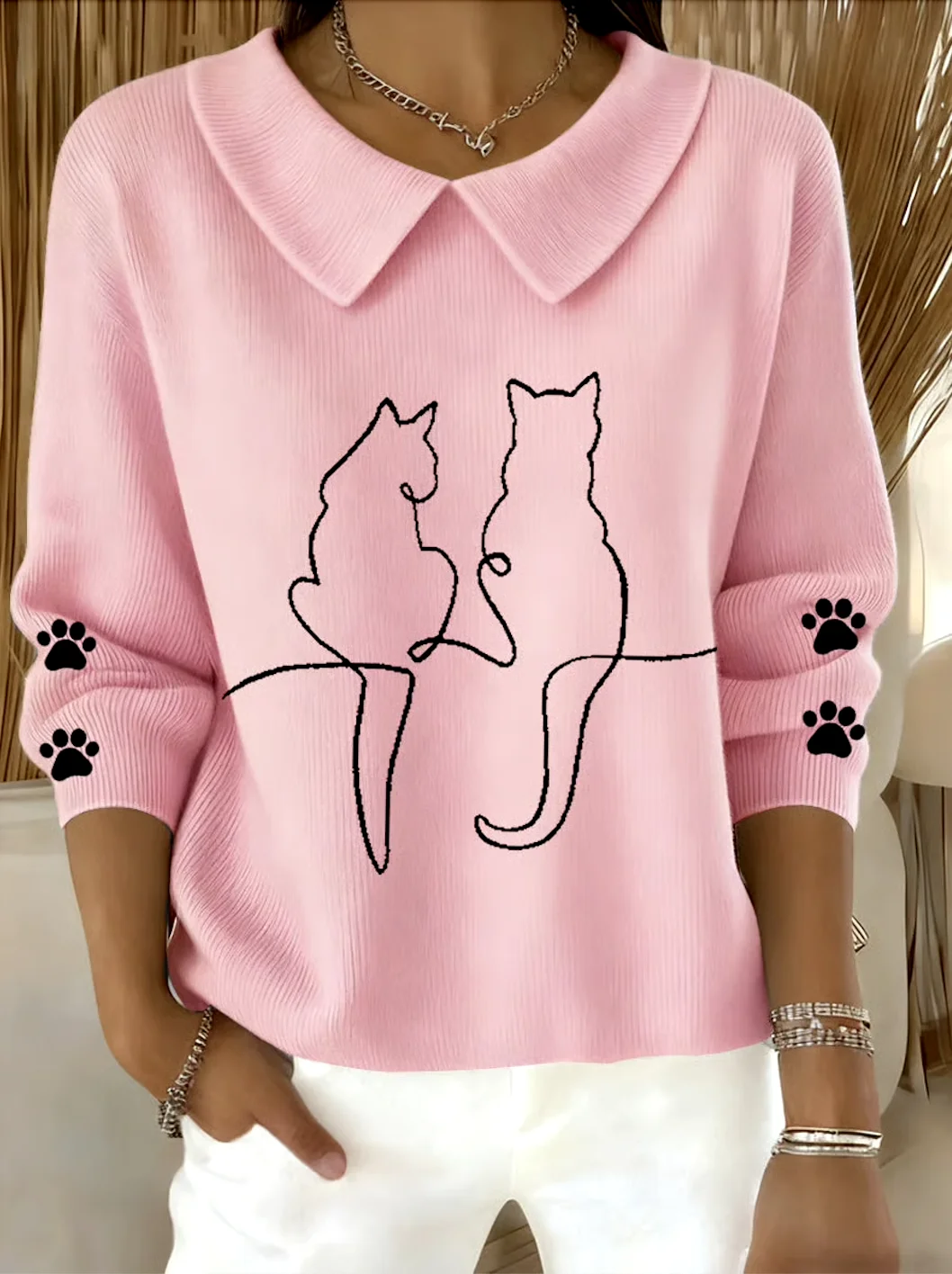 Damen Baumwolle Tier Langarm Bequem Lässig Pullover